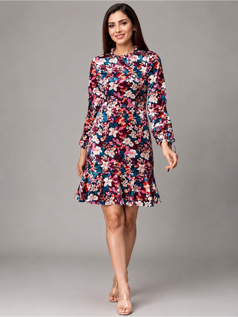 Bcbgeneration Velvet Floral Print Ruffle Trim Colorful Mini Dress size 12